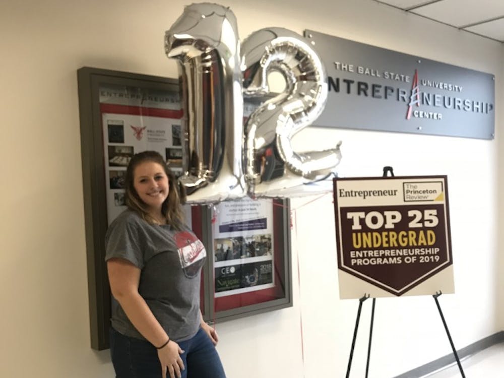 Entrepreneurship major Kyli Penrod poses in front of balloons and signs celebrating the Ball State program's ranking. The entrepreneurship program is ranked 12th in the nation by the Princeton Review and Entrepreneur magazine. Kyli Penrod, Photo Provided