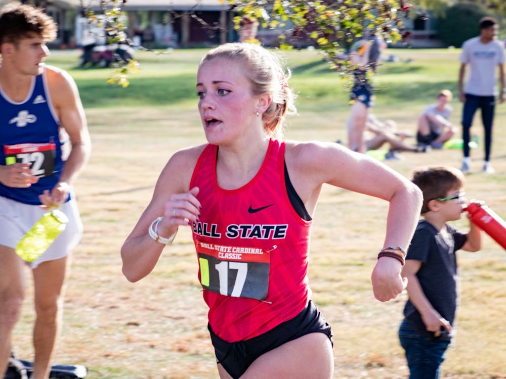 Ball State junior Cayla Eckenroth sprints to the finish first Oct. 18, 2019, at the Elks Country Club in Muncie. Eckenroth was followed by five other Ball State runners in the event. Eric Pritchett, DN