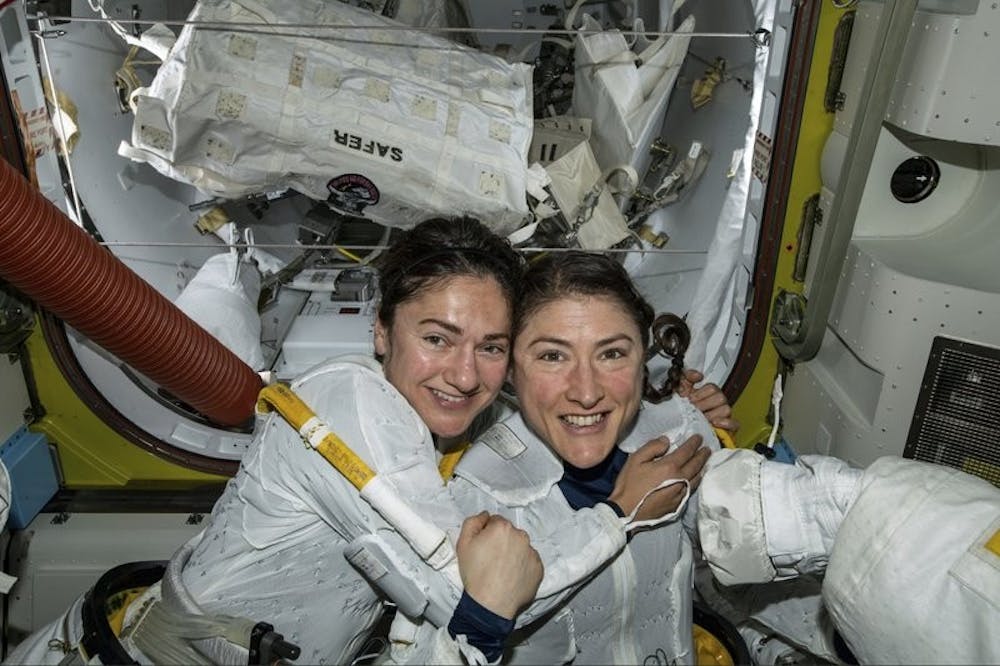 <p>In this photo released by NASA on Friday, Oct. 18, 2019, U.S. astronauts Jessica Meir, left, and Christina Koch pose for a photo in the International Space Station. The astronauts who took part in the first all-female spacewalk are still uplifted by all the excitement down on Earth. <strong>(NASA via AP)</strong></p>