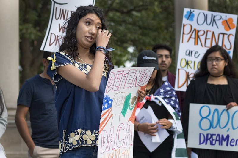 IUPUI student and Latino community leader Maria Chavez sheds tears while giving a speech at the DACA rally on Sept. 8 at the Beneficence statue on Ball State's campus. The Indianapolis resident talks about her education and the fear, “All of it might be taken away.” Grace Hollars, DN