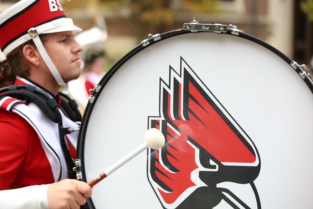 A member of the Pride of Mid-America Marching Band preforms in the 2023 Homecoming Parade on Oct. 21. Olivia Ground, DN