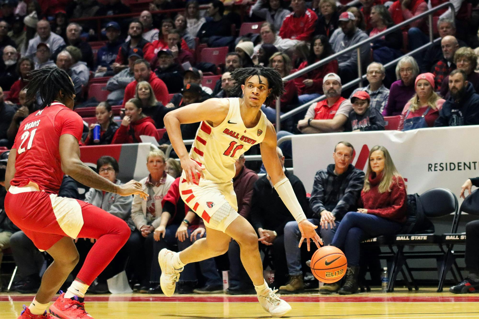 Junior forward Basheer Jihad circumvents the opposing team Jan. 20 against Miami at Worthen Arena. Jihad scored 29 points in the game. Isaiah Wallace, DN.