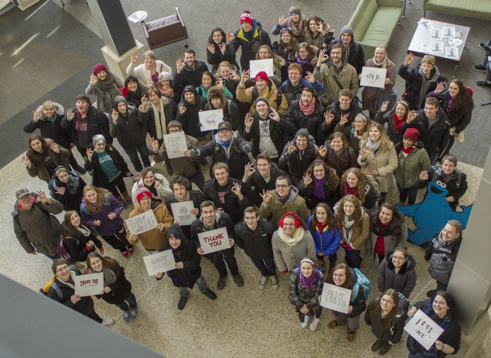 Students gather in the Letterman Building for a farewell photo to David Letterman on February 20th. DN PHOTO JESSICA LYLE