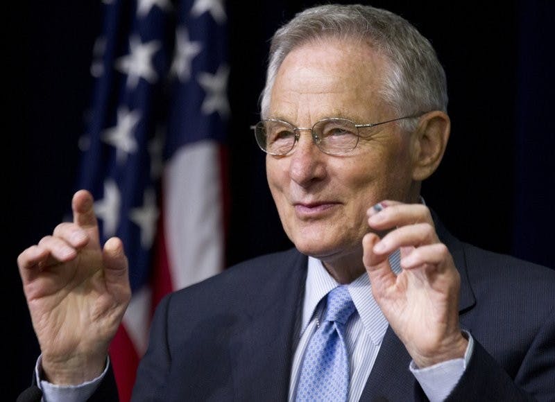 In this June 20, 2012 file photo, former Sen. Birch Bayh, D-Ind., the author of Title IX in Congress, speaks during a forum in the South Court Auditorium at the White House in Washington in a gathering to celebrate the 40th anniversary of Title IX. Bayh, who championed the federal law banning discrimination against women in college admissions and sports, has died. He was 91. Bayh died early Thursday, March 14, 2019, surrounded by his family at his home in Easton, Md., according to a statement released by his family. (AP Photo/Manuel Balce Ceneta, File)