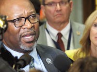  Senate Minority Leader Greg Taylor speaks to the press at sine die on March 8, 2024. (Casey Smith/Indiana Capital Chronicle)