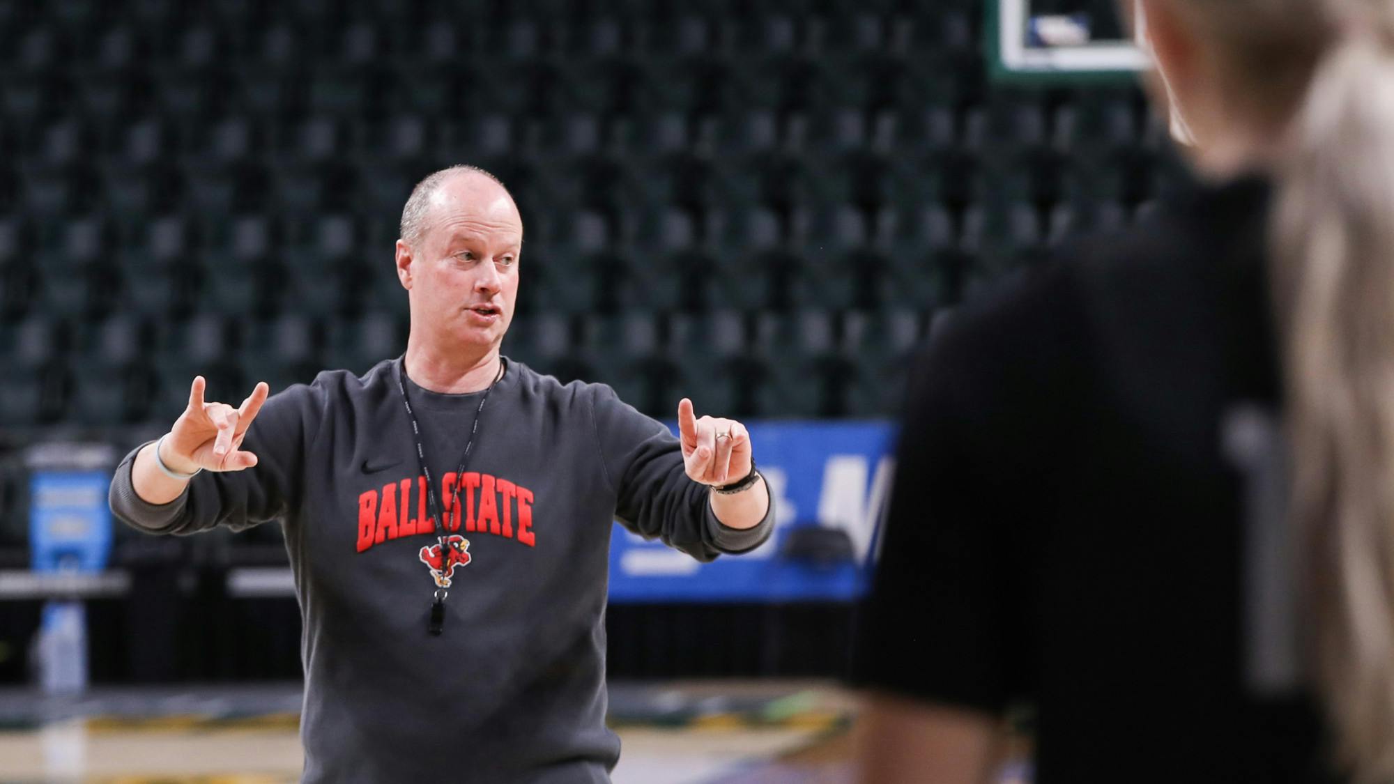 Ball State women's head coach Brady Sallee coaches during Ball State’s open practice for the first round of the NCAA Women’s Basketball National Tournament on March 20 at Foster Pavillion in Waco, Texas. Andrew Berger, DN  