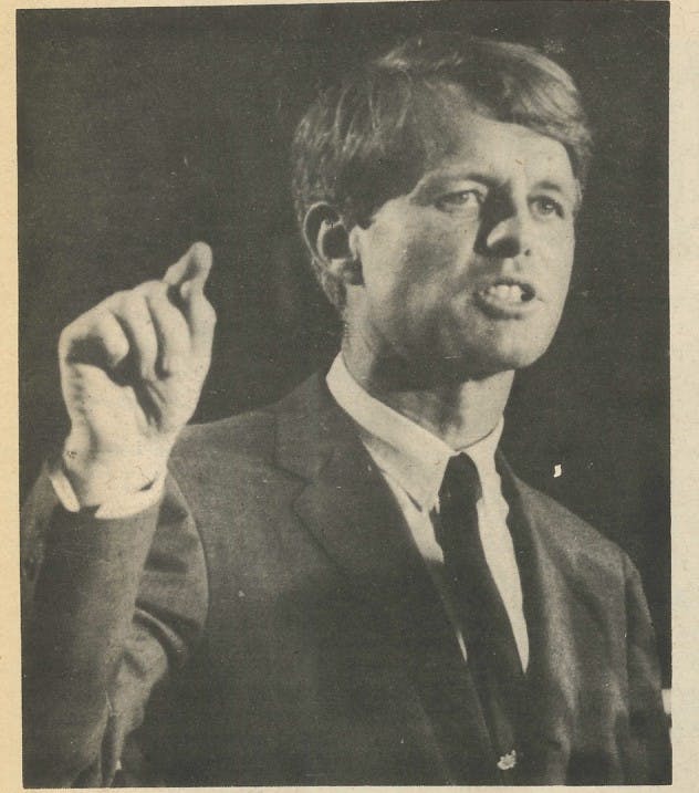 Kennedy was given an "enthusiastic" reception when he arrived in Muncie April 4, 1968. During his speech, he called for the United States to face responsibilities for actions taken during the Vietnam War, and he also opened the floor for a short question-and-answer session with the audience. In May 1968, Kennedy won the Indiana primary with 42 percent of the vote. This photo was published in the May 9, 1968 edition of The Ball State News.