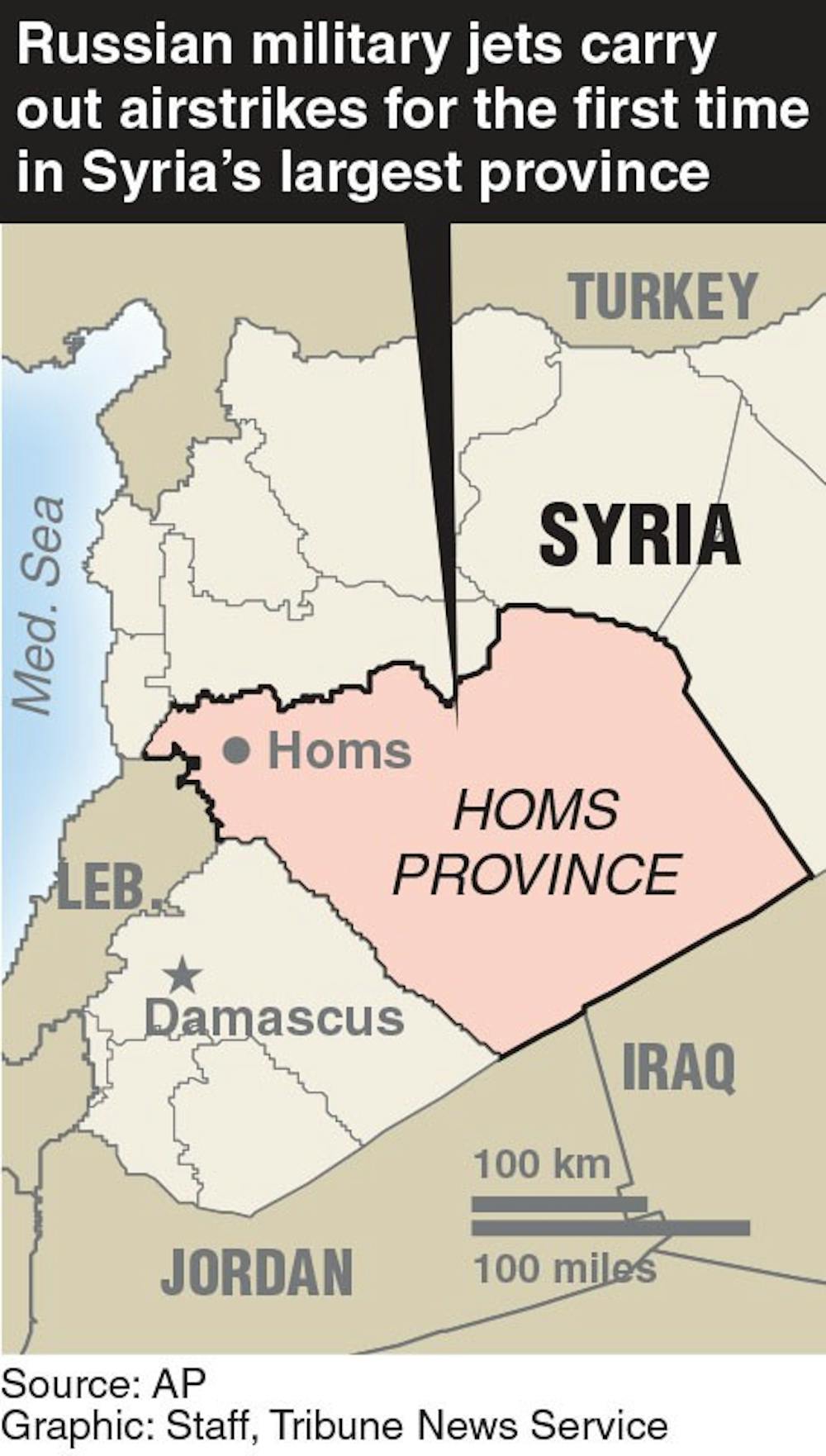 Map locating Homs Province Syria where Russia carried out first airstrikes.