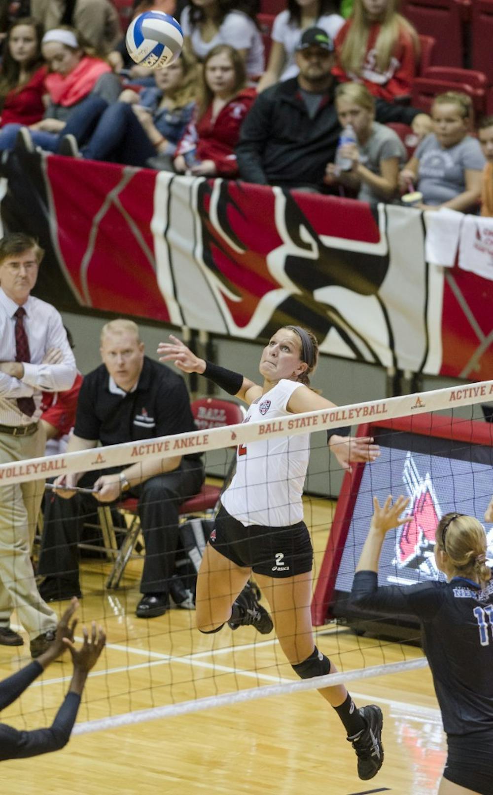 Sophomore outside hitter Alex Fuelling sends an attack over the net during the game against Buffalo on Oct. 5 in Worthen Arena. Fuelling took 14 kills out of an attempted 27 leading to a Ball State sweep of 3-0. DN PHOTO COREY OHLENKAMP
