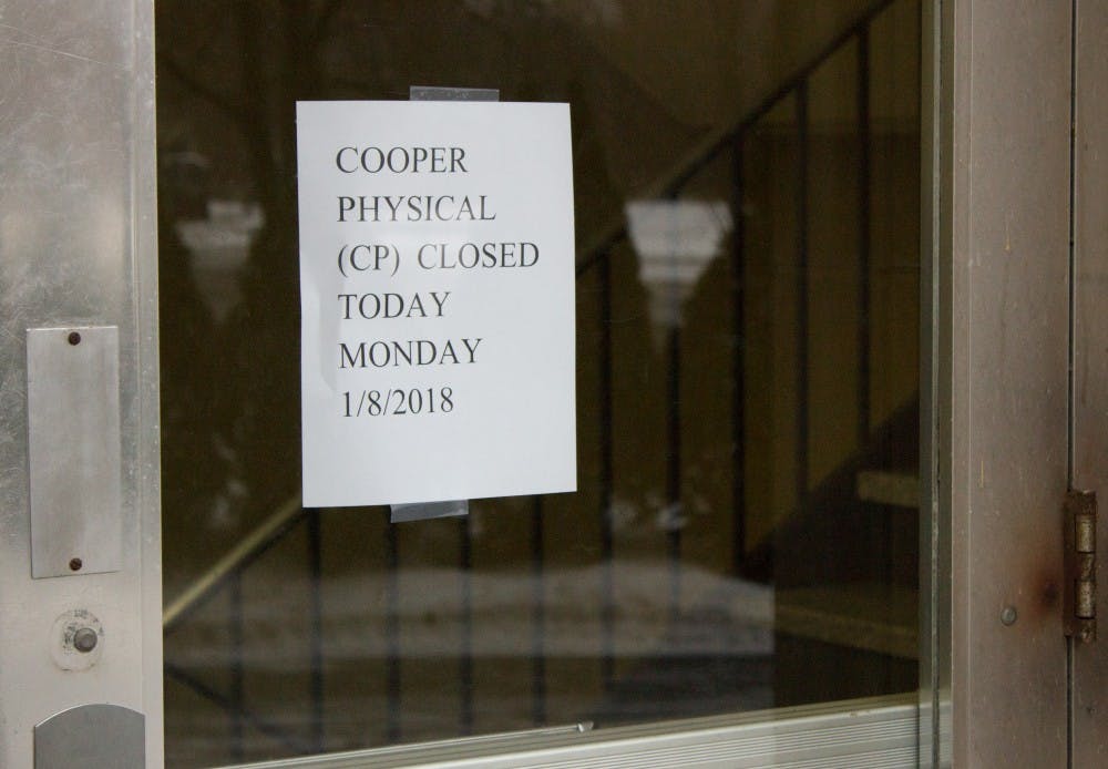 Classes on the east side of Cooper Science Building have been canceled on the first day of classes, Jan. 8, due to a pipe burst. Similar occurences have happened in other buildings around campus such as College of Architecture and Planning, Art and Journalism Building, L.A. Pittenger Student Center and Arts and Communications Building. Kaiti Sullivan, DN