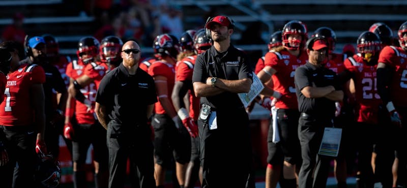 Ball State Football head coach Mike Neu and his team watch the jumbotron in a game against Florida Atlantic at Scheumann Stadium Sept. 14, 2019. The Cardinals lost to the Owls, 41-31. Jacob Musselman, DN