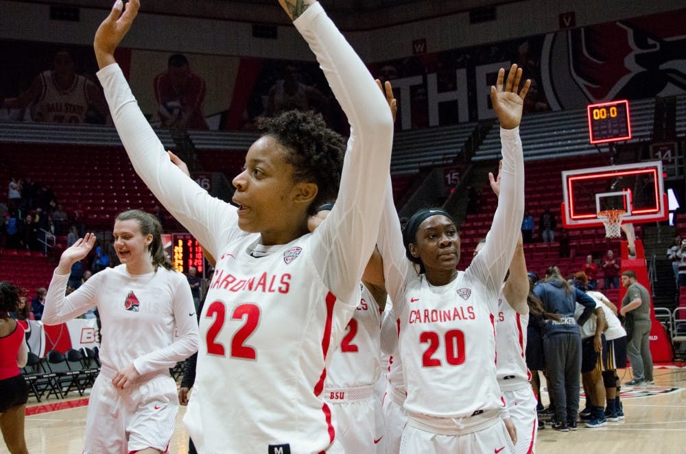<p>The Ball State Women's Basketball team celebrates after defeating Toledo 78-73 during the senior game in John E. Worthen Arena Feb. 24. <strong>Madeline Grosh, DN</strong></p>