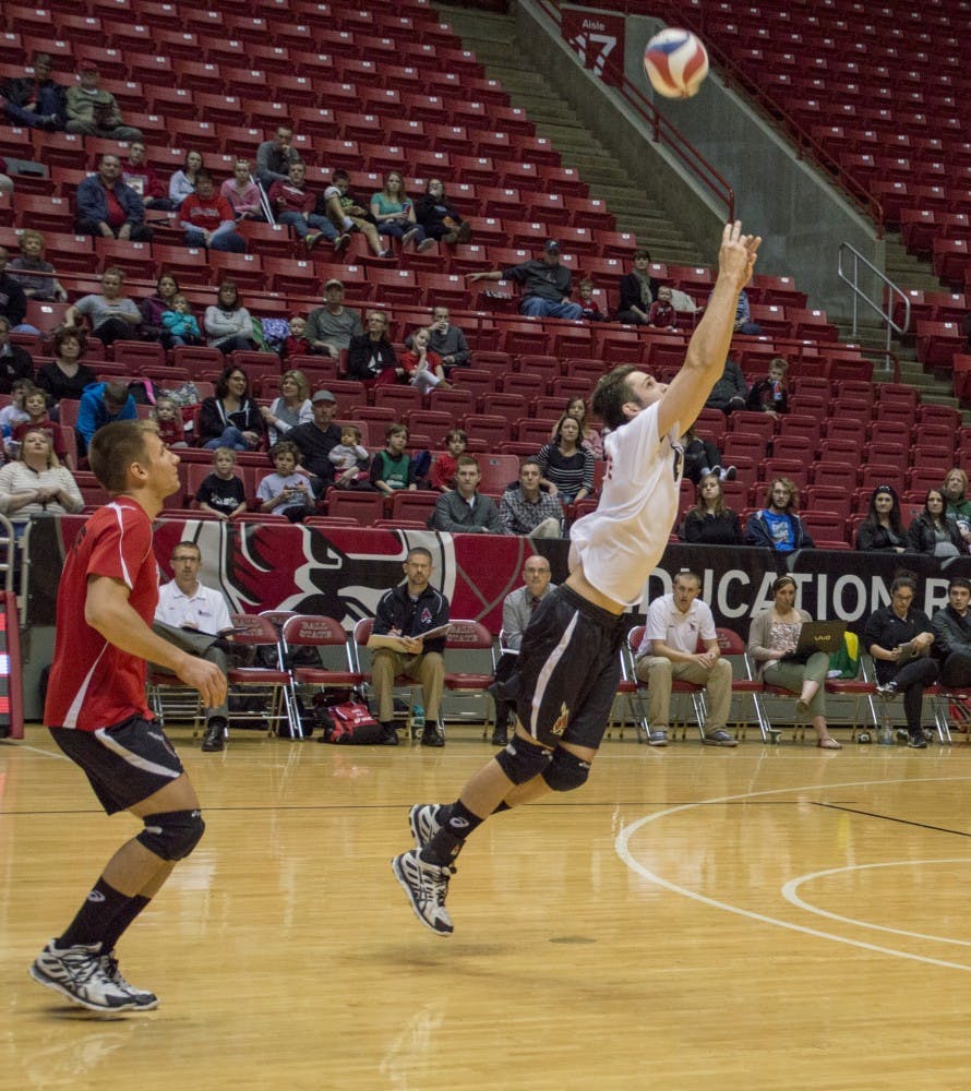 Sophomore outside attacker Mike Scannell hits the ball during the game against Grand Canyon on March 14 at Worthen Arena. DN PHOTO ALAINA JAYE HALSEY