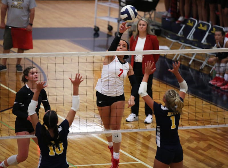 Wapahani senior Sophia Beeson hits Aug. 21 during a match against Delta at Delta High School. Wapahani won after five sets. Zach Carter, DN.