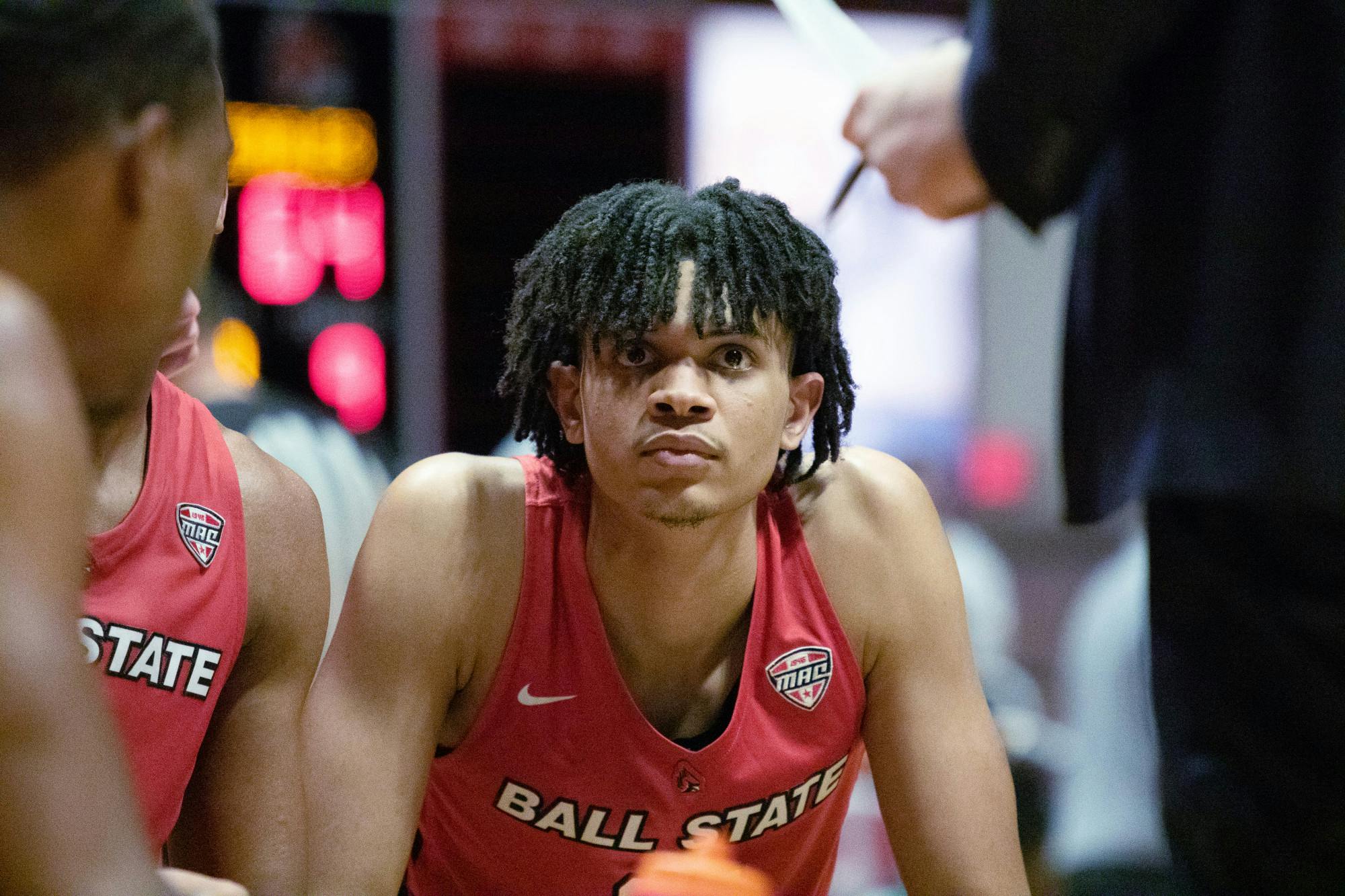 Sophomore forward Basheer Jihad looks ahead during a timeout in a game against Eastern Michigan Feb. 3 at Worthen Arena. Jihad only had one made basket and two points in the game. Brayden Goins, DN