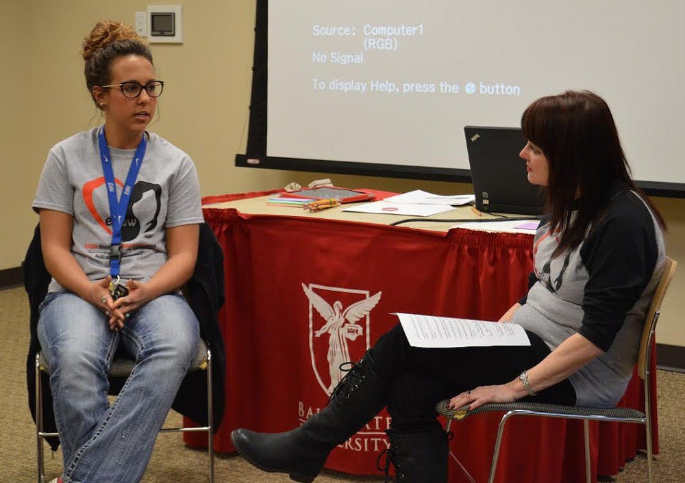 <p>Betsy Huffman, a freshman exercise science major, shared her story of recovering from an eating disorder for the first time at Ellen Lucas's discussion on Feb. 25 at the L.A. Pittinger Student Center titled "Get Help: Letting go of an eating disorder and holding onto yourself."&nbsp;<i style="background-color: initial;">DN PHOTO ALLIE KIRKMAN</i></p>