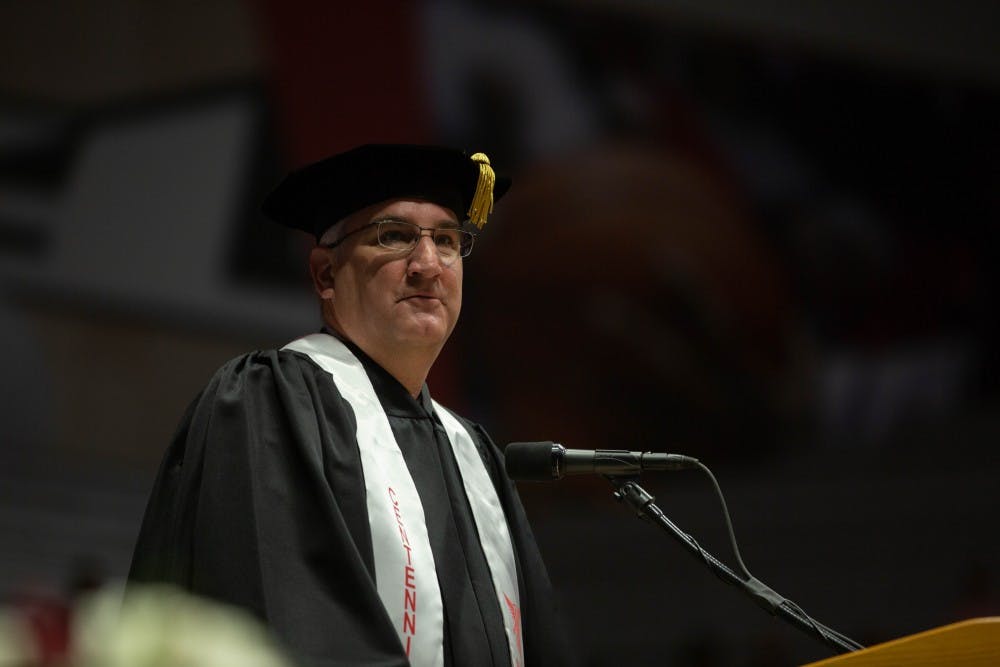 Indiana Gov. Eric Holcomb gives a speech during the spring 2019 commencement May 4, 2019, in John E. Worthen Area. Holcomb urged Ball State graduates to stay in Indiana. Scott Fleener, DN