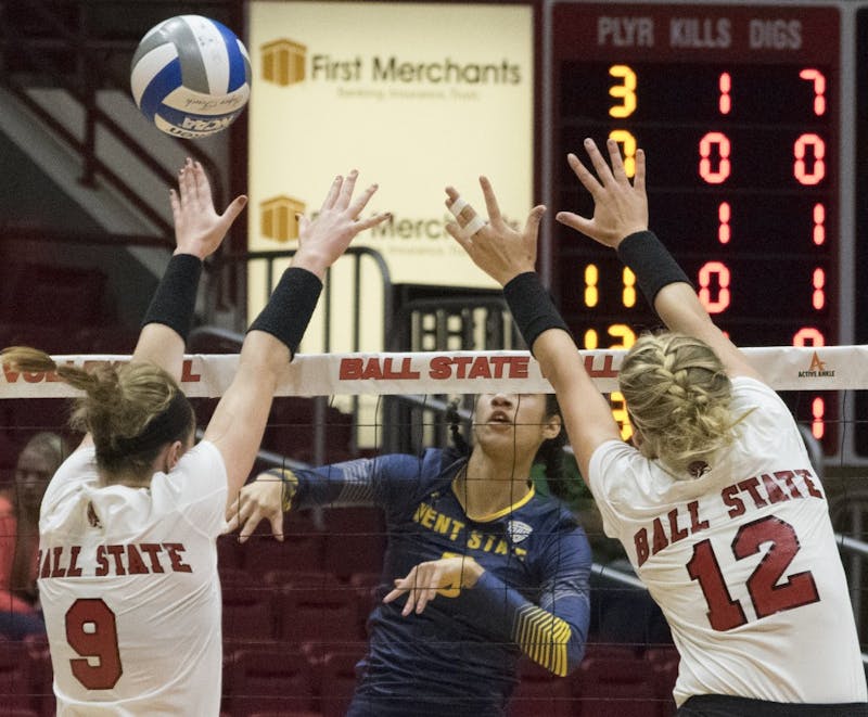 Ball State blocks a spike from Kent State at the game on Oct. 14, 2016.&nbsp;