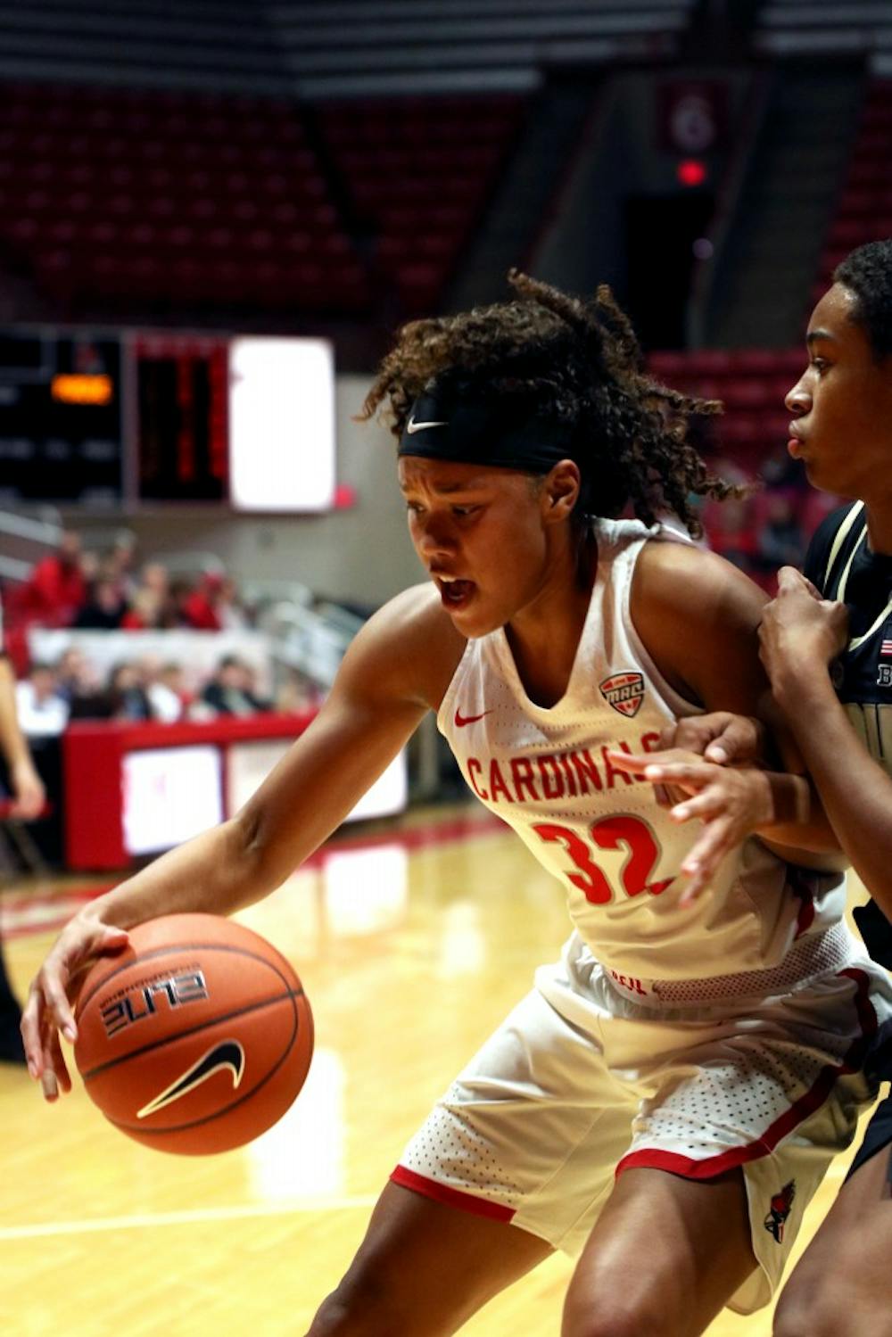 <p>Sophomore forward Oshlynn Brown attempts to score at the Ball State vs Purdue Women's Basketball game Wednesday, Nov. 7 at John E. Worthen Arena. Brown had 11 points against the Boilermakers. <strong>Jacob Haberstroh,DN</strong></p>