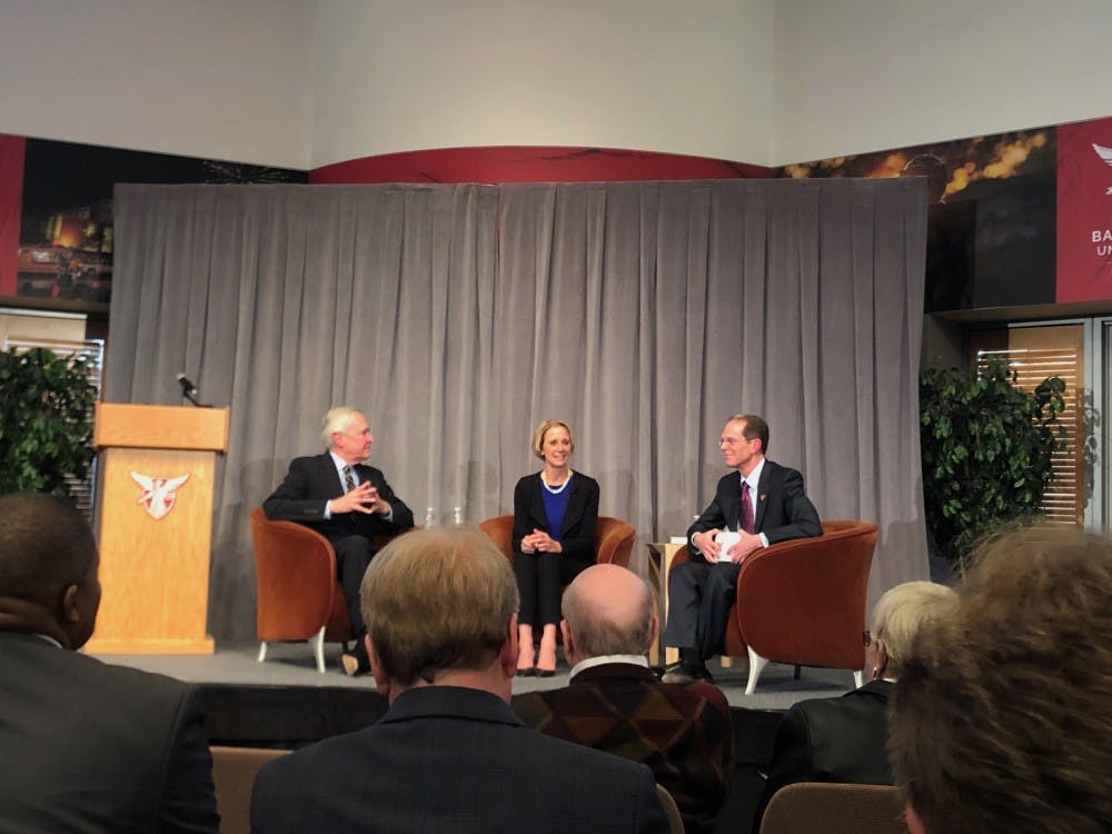 James and Deborah Fallows share with President Geoffrey Mearns and the audience their experiences traveling the country and visiting different communities to figure out what makes a great city March 18, 2019, at Ball State's Alumni Center. They talked about several subjects including the importance of public art, a strong education system and long term planning within cities. Demi Lawrence, DN
