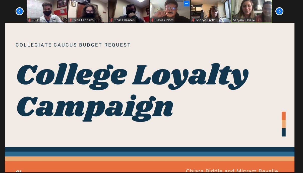 Senators Chiara Biddle and Miryam Bevelle present their proposed college loyalty campaign at the SGA Zoom meeting on Oct. 21, 2020. The campaign passed 42-0, with four abstentions, and will allow students to give feedback on their respective colleges. Maya Wilkins, Screenshot Capture