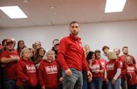 Deleware County Commissioner nominee winner Stephen Brand stands in front of his family and campaign supporters Nov. 5 at the Knights of Columbus in Muncie, Ind. Andrew Berger, DN