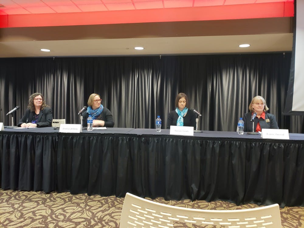 (Left to right) Thalia Mulvihill, Jessica Jenkins, Susan Smith and Karen Vincent prepare for the "Beneficence of Ball Women" event March 19, 2019, in the L.A. Pittenger Student Center. Each panelist told the story of some of the women of the Ball family. Scott Fleener, DN