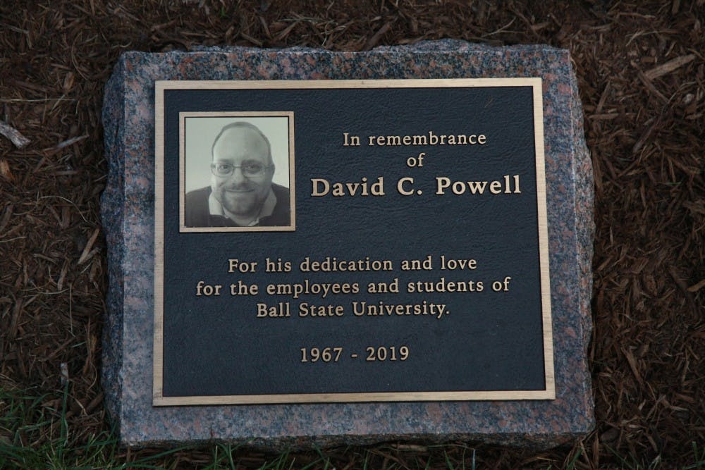 A plaque dedicated to David Powell, an alumnus and employee at Ball State, was unveiled Aug. 6, 2019, on the lawn near Frog Baby. David died March 6, 2019, at Indiana University Ball Memorial Hospital. Rohith Rao, DN