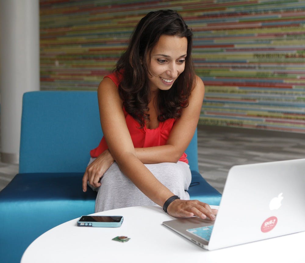 Yasmine Mustafa, founder of Roar for Good, is working on a wearable safety device. The device, when activated, would sound a loud alarm, blink lights and send alerts through a Bluetooth-paired cellphone to notify 911 and other preprogammed numbers. (Michael S. Wirtz/Philadelphia Inquirer/MCT)