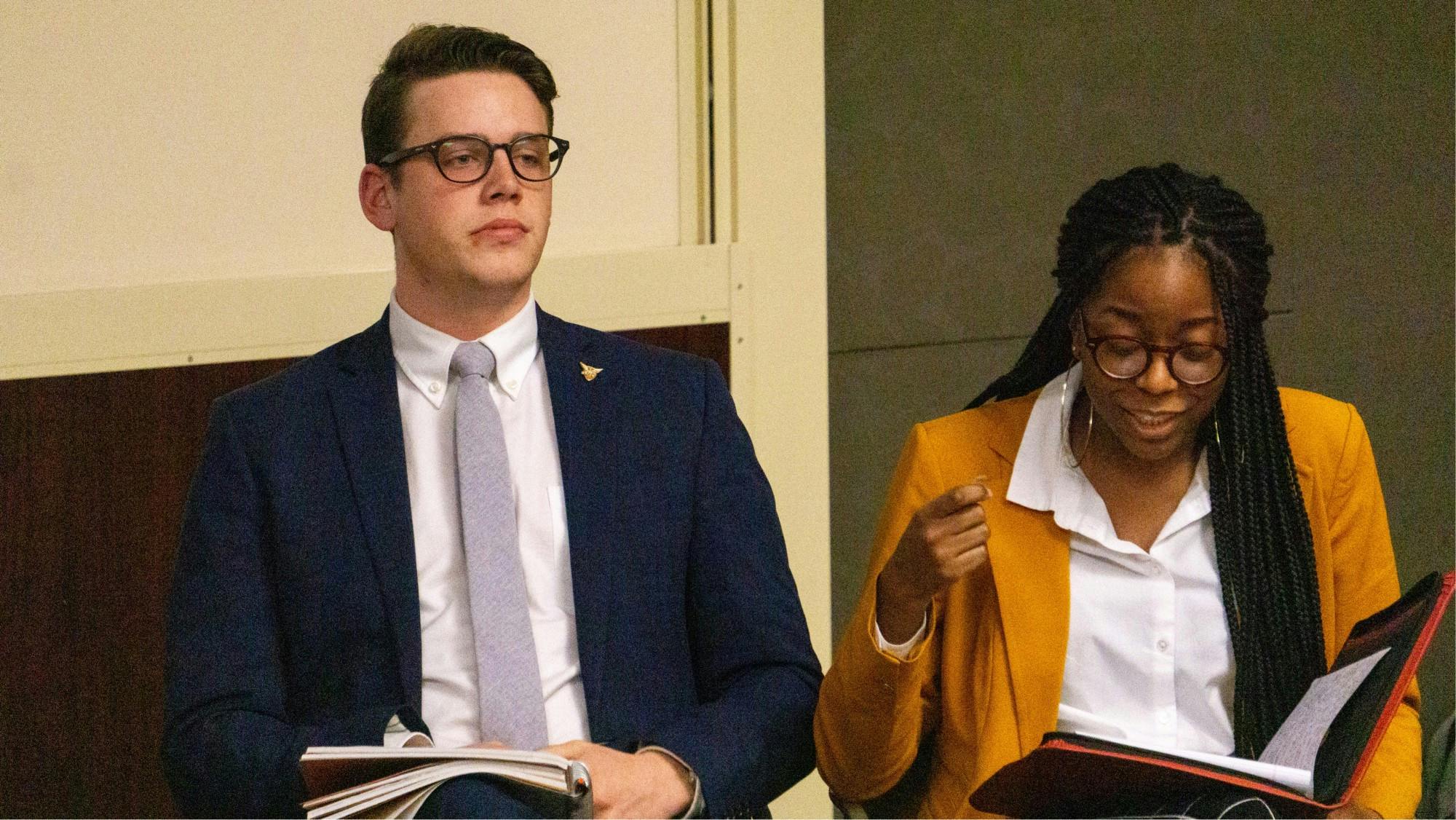 Student Government Association (SGA) President Connor Sanburn and Vice President Jordyn Blythe express their opinions during the SGA debate Feb. 10, 2020. Sanburn said Bold slate members will work on some platform points over winter break. John Lynch, DN