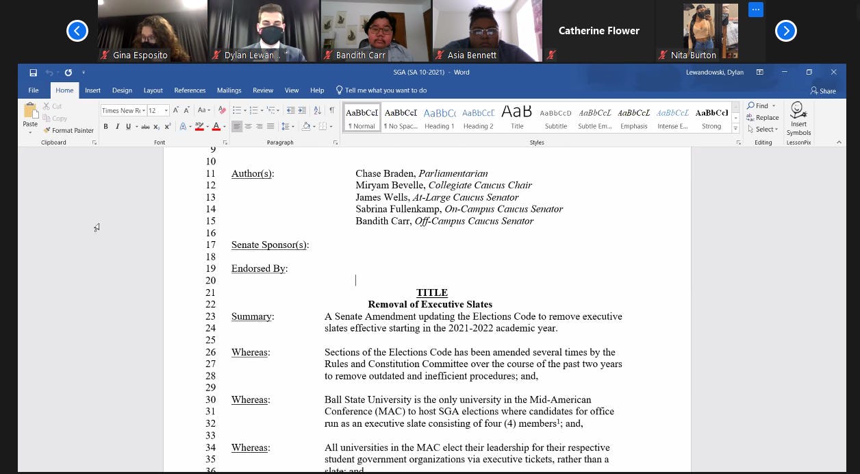 SGA senators look at the amendment proposing to remove the executive slate at the Feb. 17 hybrid meeting. The senate voted to table the amendment by a vote of 29-1, with one abstention. Maya Wilkins, Screenshot Capture