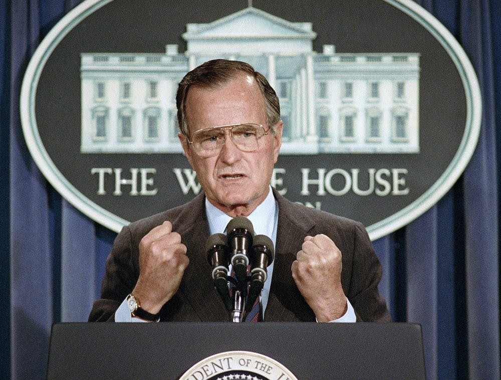 <p>FILE - In this June 5, 1989 file photo, U.S. President George H.W. Bush holds a news conference at the White House in Washington where he condemned the Chinese crackdown on pro-democracy demonstrators in Beijing's Tiananmen Square. Bush died at the age of 94 on Friday, Nov. 30, 2018, about eight months after the death of his wife, Barbara Bush.<strong> (AP Photo/Marcy Nighswander, File)</strong>&nbsp;</p>