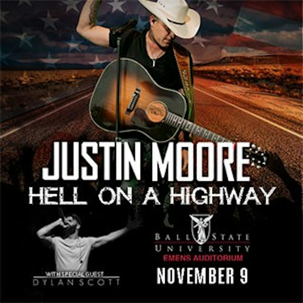 <p>Justin Moore will be performing at 7:30 p.m. on Nov. 9 in John R. Emens Auditorium. The opening act for Moore’s fourth headlining tour is another country singer, Dylan Scott. &nbsp;Ball State, Photo Provided</p>