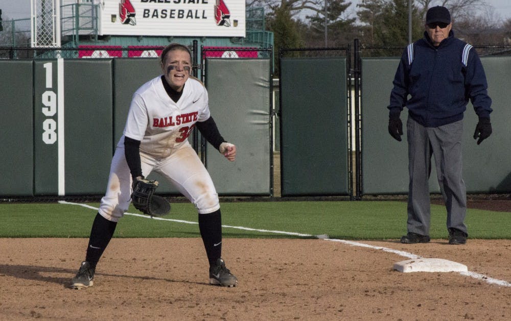 Junior utility Sammi Cowger defends first base  against IPFW March 18 at the Softball Field at the First Merchants Ballpark Complex.  DN PHOTO MAKAYLA JOHNSON
