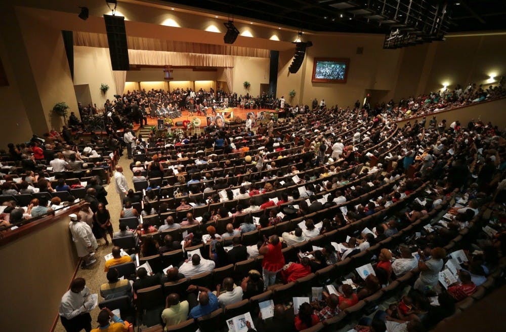 Funeral services for Michael Brown are held on Monday, Aug. 25, 2014, at Friendly Temple Missionary Baptist Church in St. Louis. Michael Brown, 18, was shot and killed by a Ferguson police officer on Aug. 9, 2014. (Robert Cohen/St. Louis Post-Dispatch/MCT)