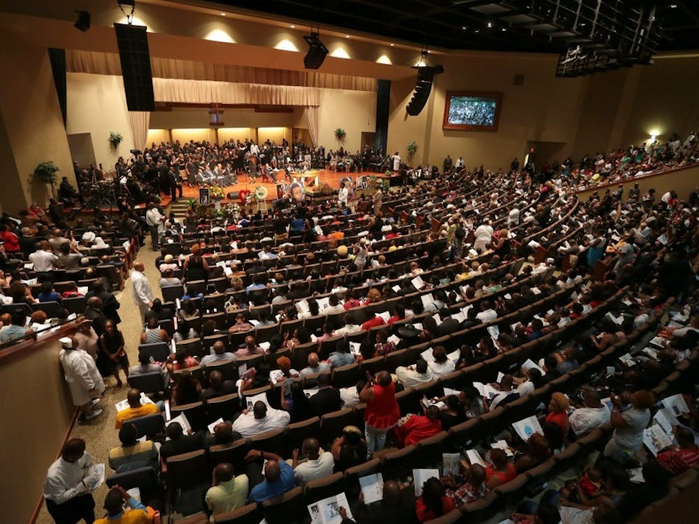 Funeral services for Michael Brown are held on Monday, Aug. 25, 2014, at Friendly Temple Missionary Baptist Church in St. Louis. Michael Brown, 18, was shot and killed by a Ferguson police officer on Aug. 9, 2014. (Robert Cohen/St. Louis Post-Dispatch/MCT)