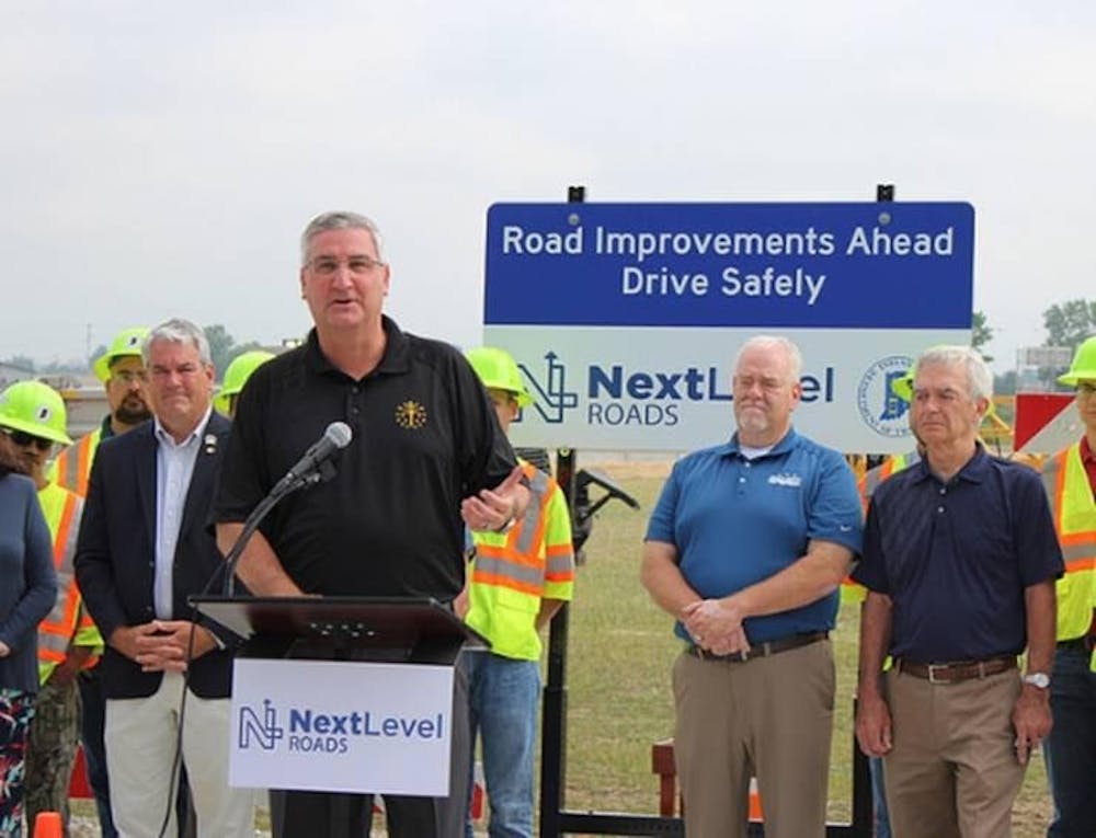<p>Gov. Eric Holcomb presenting and explaining some of the &nbsp;benefits of the Next Level Roads Plan. Photo Provided</p>