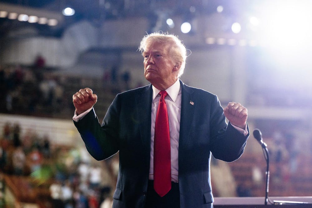 Former President Donald Trump pauses while speaking at the Pennsylvania Farm Show Complex in Harrisburg on July 31, 2024. (Tom Gralish/The Philadelphia Inquirer/TNS)