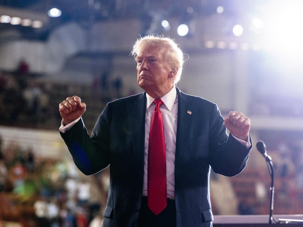 Former President Donald Trump pauses while speaking at the Pennsylvania Farm Show Complex in Harrisburg on July 31, 2024. (Tom Gralish/The Philadelphia Inquirer/TNS)