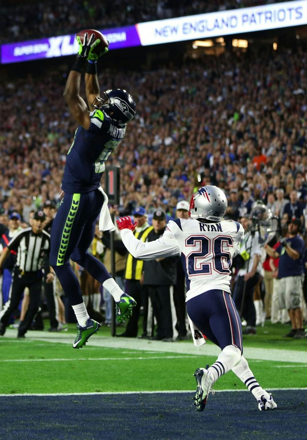 Seahawks wide receiver Chris Matthews catches an 11-yard touchdown catch during the second quarter as the Seattle Seahawks take on the New England Patriots in Super Bowl XLIX at University of Phoenix Stadium on Sunday, February 1, 2015 in Glendale, Ariz. (Bettina Hansen/Seattle Times/TNS) 