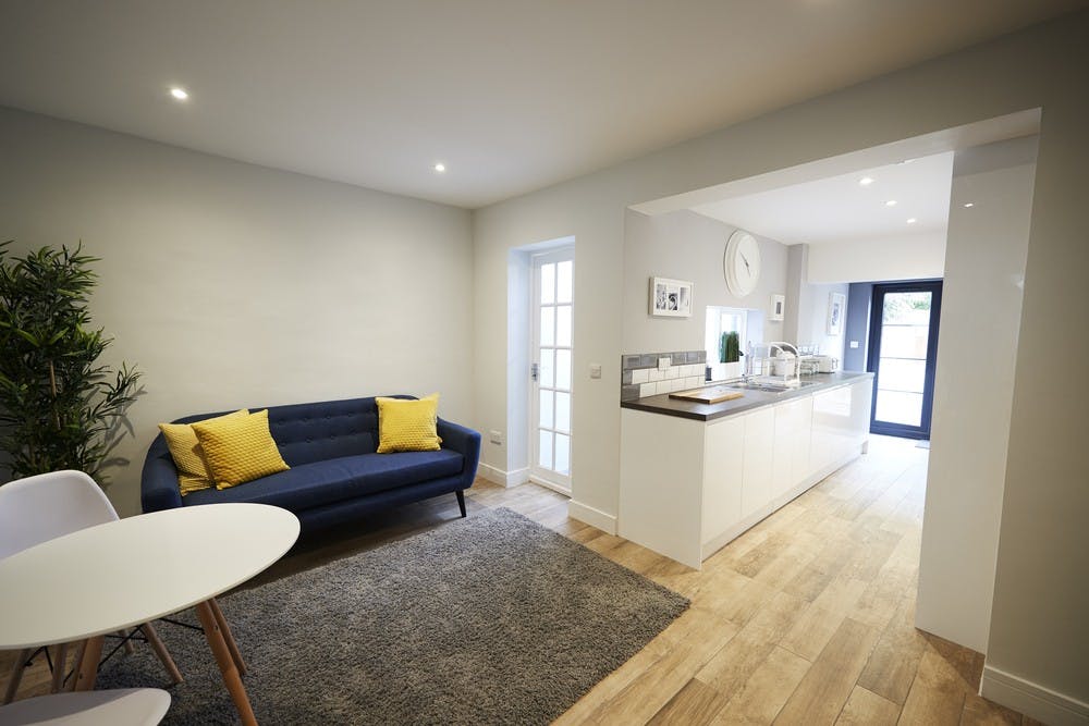 Sitting room and kitchen in newly refurbished house