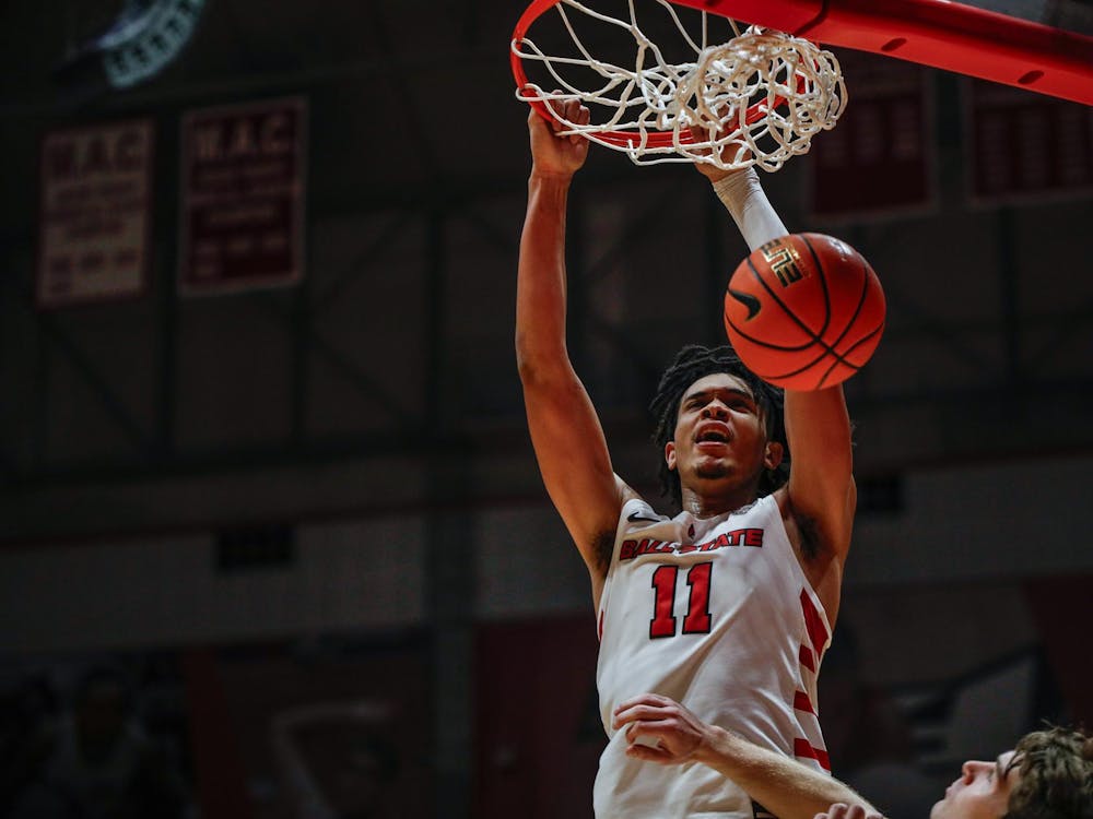 Junior forward Basheer Jihad dunks the ball after a breakaway Dec. 2 against Bellarmine at Worthen Arena. Jihad had 11 rebounds. Andrew Berger, DN