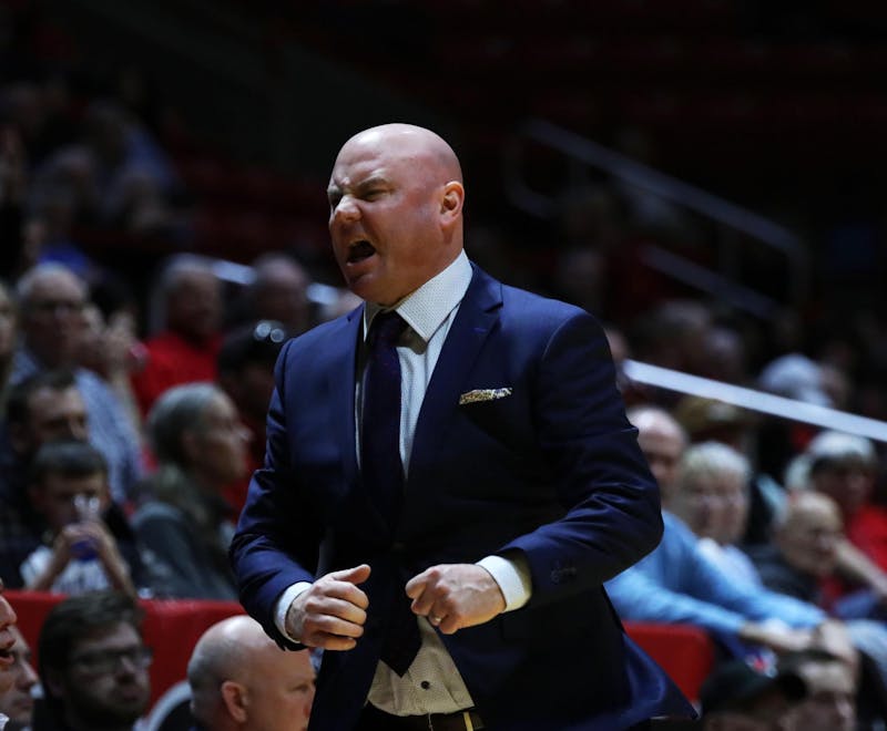 Ball State men's basketball head coach Michael Lewis reacts to a play against Ohio Feb. 6 at Worthen Arena. The Cardinals lost 84-79 to the Bobcats. Mya Cataline, DN