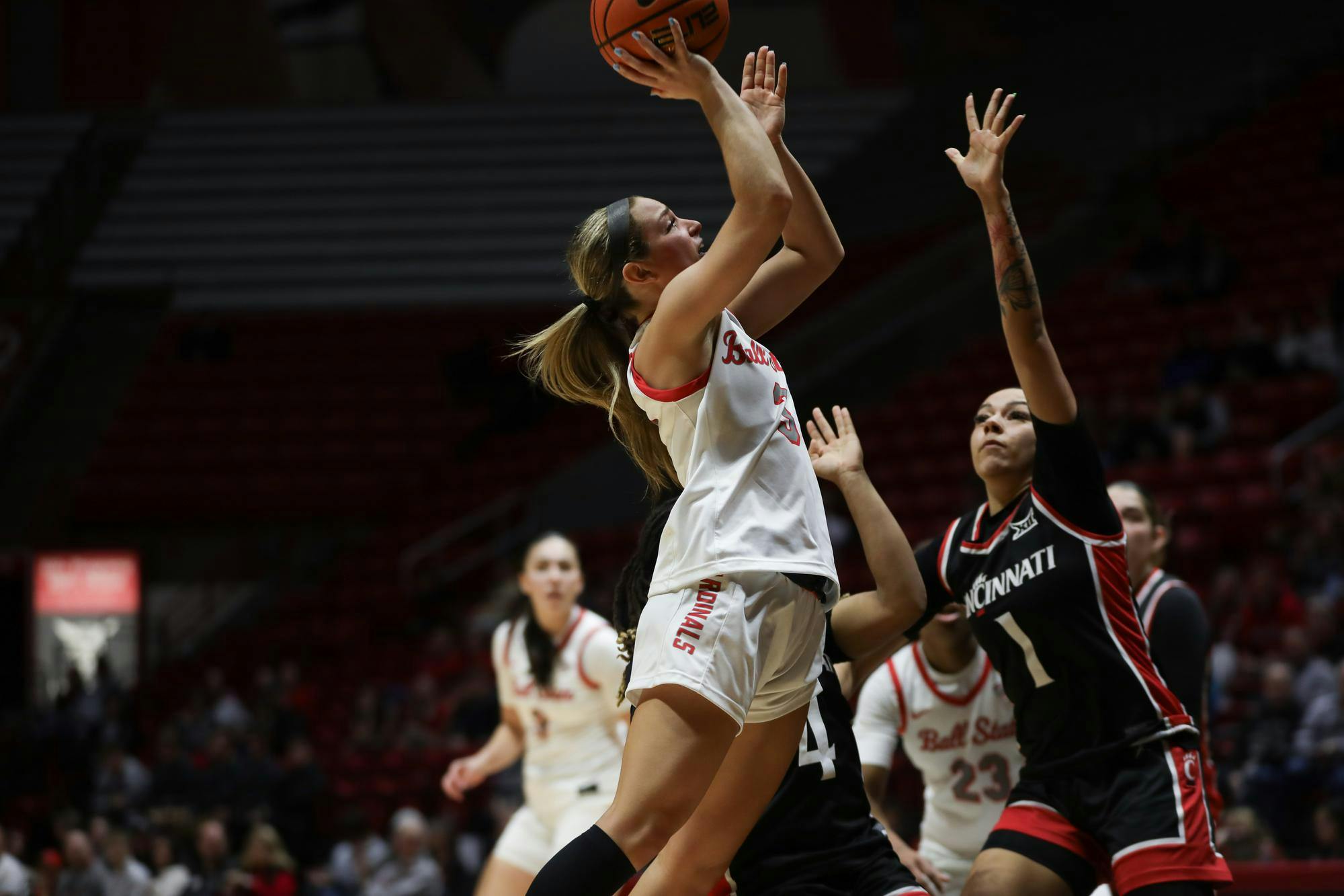 Junior Karsyn Norman attempts a 2-pointer Nov. 20 at Worthen Arena. Norman had 4 deals against Arkansas State this season. Calli Arnold, DN