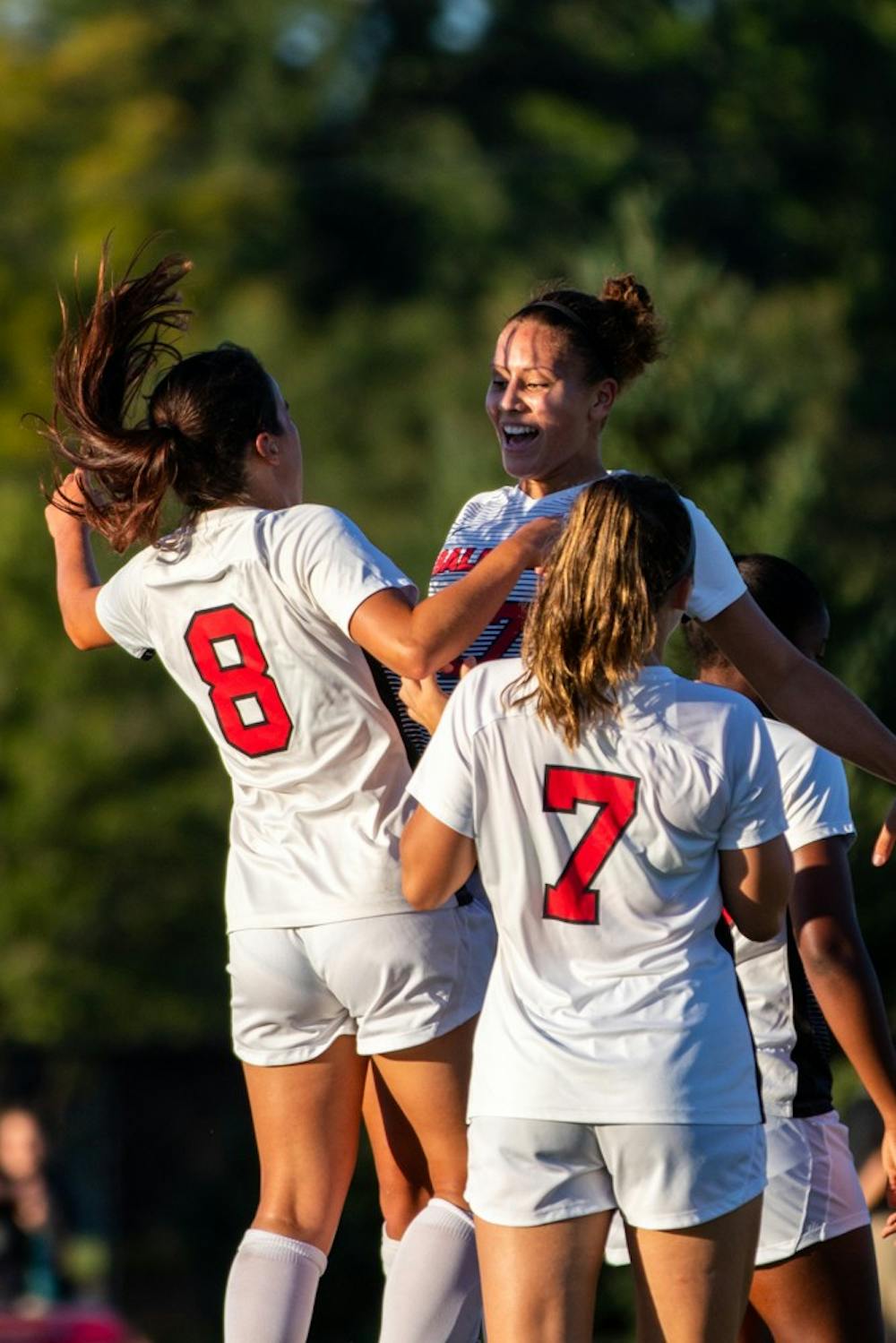 Paula Guerrero and Julia Elvbo chest bump to celebrate Guerrero scoring Ball State’s third goal of the game securing the Cardinals' victory against the University of Nebraska-Omaha Friday, Sept. 14, 2018 at Briner Sports Complex . All points were scored in the second half of the game where Ball State won 3 to 1. Eric Pritchett,DN
