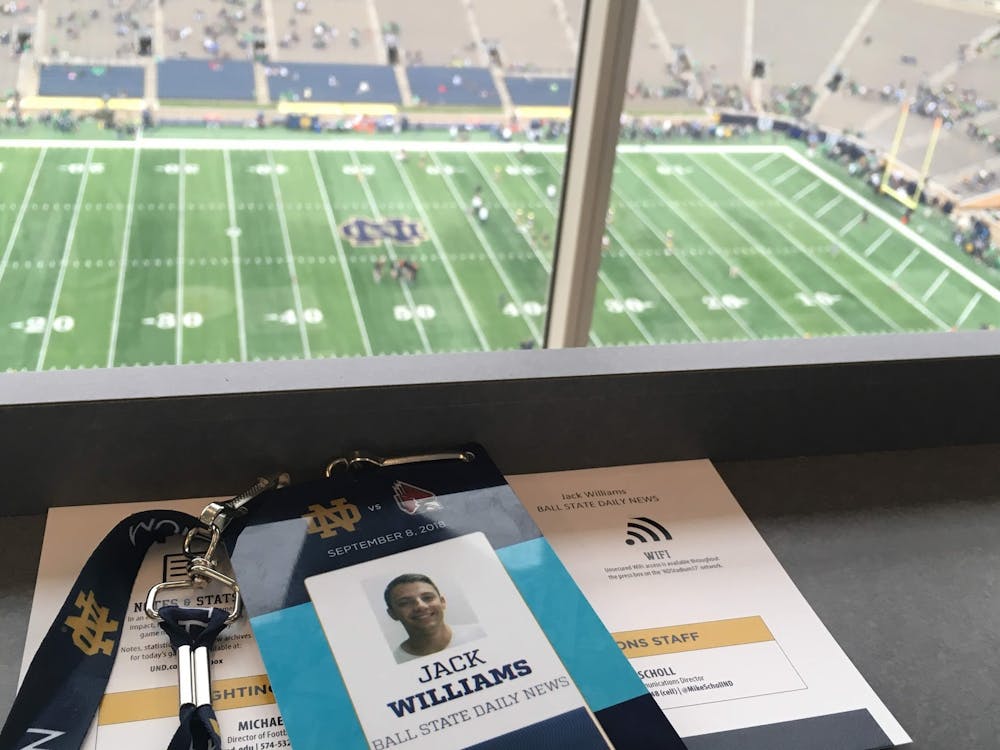 William’s press pass sits on his desk Sept. 8, 2018, at Notre Dame Stadium in South Bend, Indiana. “While Scheumann Stadium and Worthen Arena were comfy,” Williams said, “I always took advantage of reporting from a bigger stadium.” Jack Williams, photo provided&nbsp;