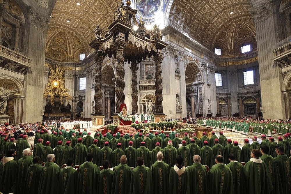 Pope Francis presides over a Mass for the closing of the Amazon synod in St. Peter's Basilica at the Vatican, Sunday, Oct. 27, 2019. (AP Photo/Alessandra Tarantino)