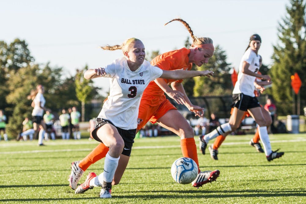 Sophomore defender Leah Mattingly stumbles after the ball during the game against Bowling Green on Sept. 26 at the Briner Sports Complex. DN PHOTO JONATHAN MIKSANEK
