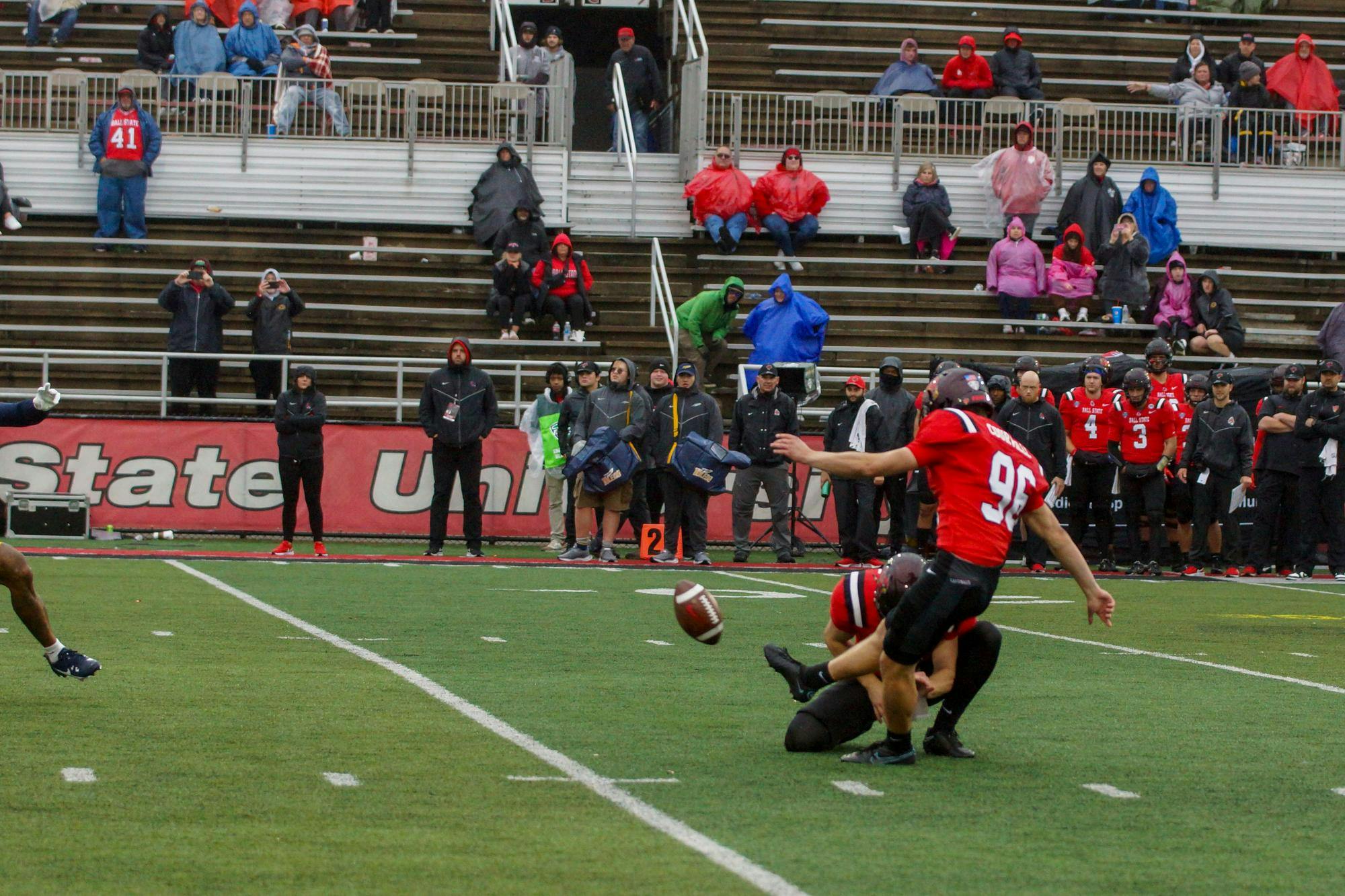 Freshman kicker Jackson Courville attempts a field goal in a game against Toledo Oct. 14 at Scheumann Stadium. Courville's two field goals accounted for all of Ball State's points in the 13-6 loss. Daniel Kehn, DN