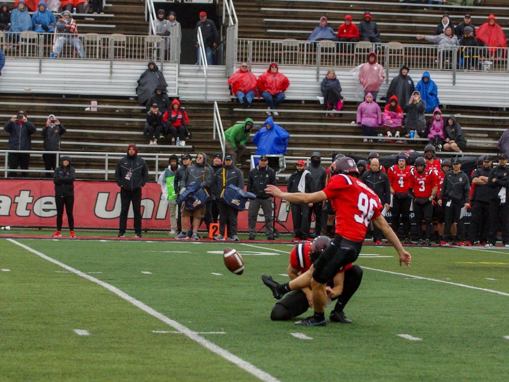Freshman kicker Jackson Courville attempts a field goal in a game against Toledo Oct. 14 at Scheumann Stadium. Courville's two field goals accounted for all of Ball State's points in the 13-6 loss. Daniel Kehn, DN